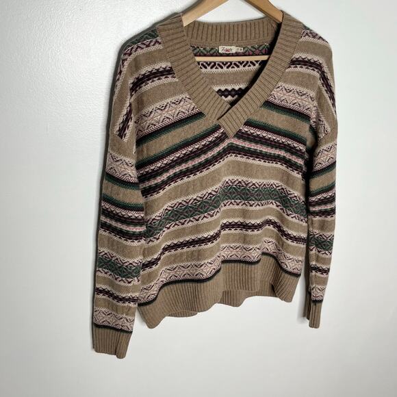 Faherty Highland Fair Isle Sweater Woens Medium Brown Stripe V Neck Wool Blend - Picture 4 of 10